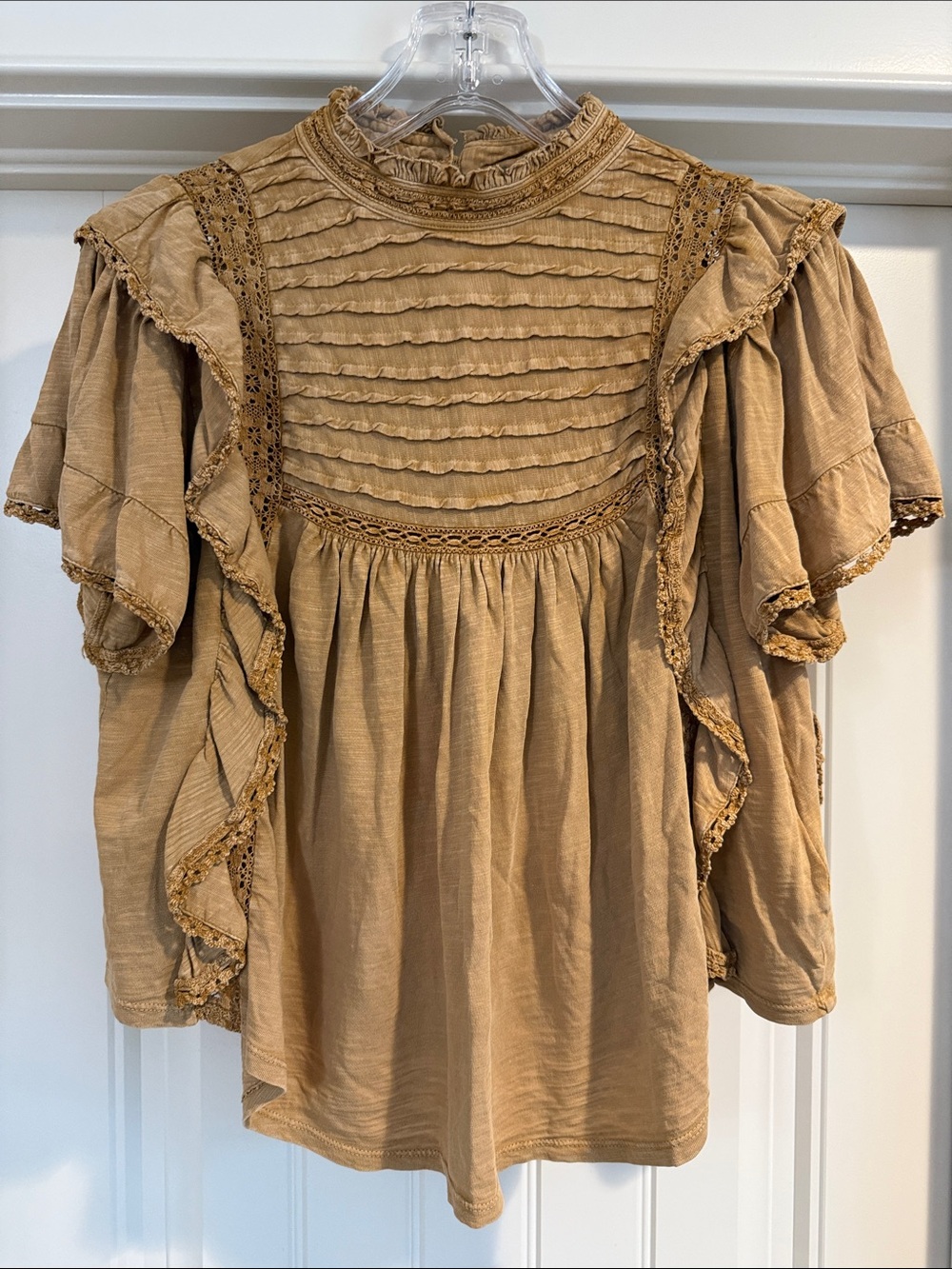 Free people Woven Ruffle Detail Peasant Top in Camel